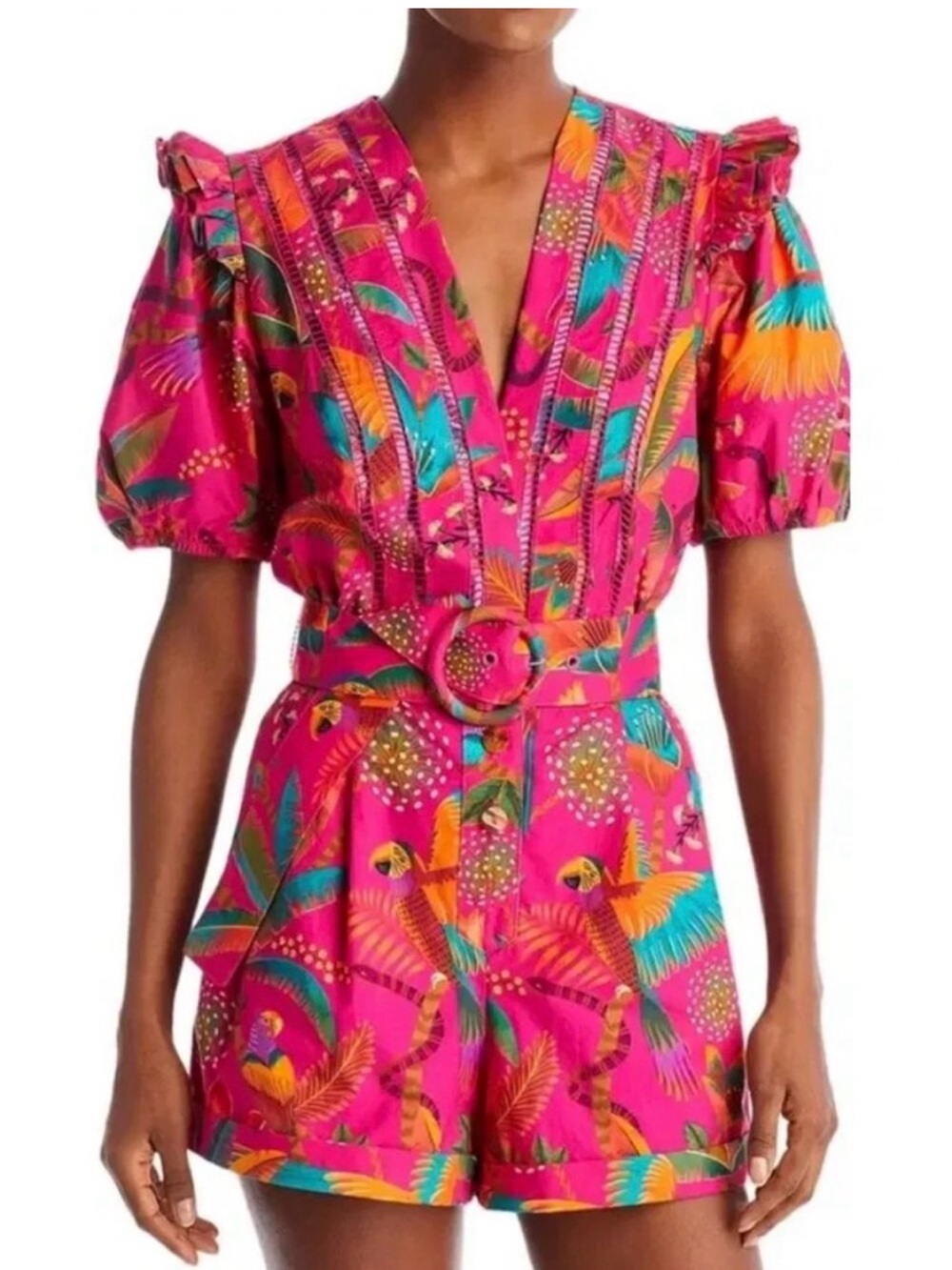 Farm Rio Pink Macaw Party Organic Cotton Romper Size L Excellent Condition View 2